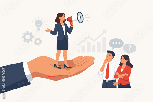 Businesswoman Standing on a Giant Hand Speaking through a Megaphone to Colleagues. Concept of Employee Empowerment, Leadership Support, Encouraging Communication, and Solving Business Problems.