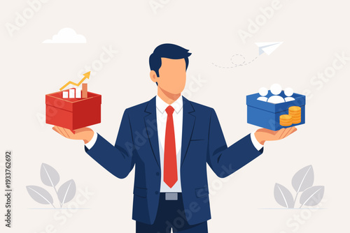 Businessman Investor Balancing ETF Index Fund and Mutual Fund Options, Financial Advisor Comparing Investment Portfolios with Growth Charts and Diversified Assets for Wealth Management Concept.