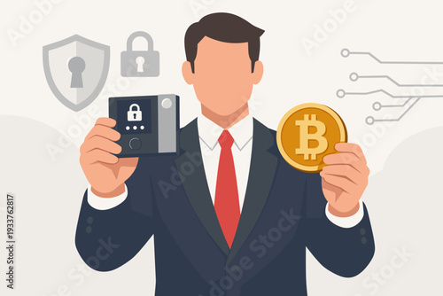 Businessman holding a hardware wallet and a Bitcoin coin, illustrating cryptocurrency security, private key protection, cold storage, and digital asset safety with lock and shield icons.