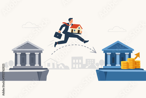 Mortgage Refinancing Concept with Businessman Carrying House Model Jumping from One Bank to Another for Better Interest Rates, Debt Obligation Replacement, and Financial Growth Illustration.