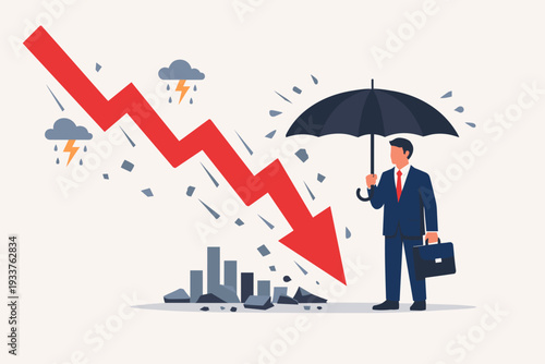 Businessman with Umbrella Protecting Himself from Economic Crisis and Stock Market Crash with Red Downward Arrow. Financial Resilience, Risk Management, and Defensive Investment Strategy Vector.