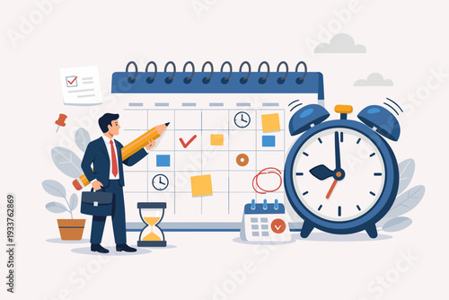 Businessman Planning Schedule and Time Management with Calendar, Alarm Clock, and Hourglass. Professional Organizing Meetings, Appointments, and Events for Business Productivity Illustration.