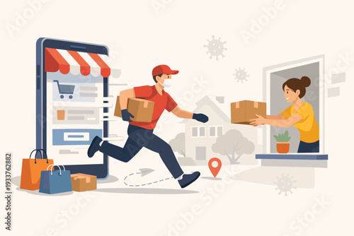 Online Shopping and Fast Delivery Service During COVID-19 Pandemic Quarantine with Courier Wearing Mask and Gloves Delivering Package to Customer at Home Window for Social Distancing Vector
