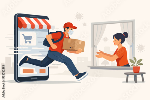 Online Shopping and Fast Delivery Service During COVID-19 Pandemic Quarantine with Courier Wearing Face Mask Running Out of Smartphone to Deliver Package to Woman at Home Window Illustration