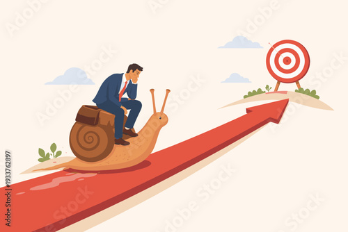 Conceptual Illustration of a Tired Businessman Riding a Snail Towards a Target, Representing Slow Progress, Procrastination, Inefficiency, Lack of Motivation, and Delayed Success in Career Path.