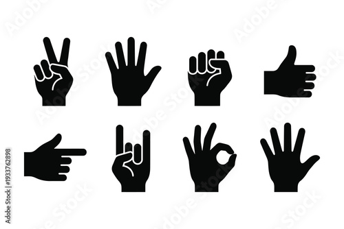 Collection of hand gesture icons: peace sign, open palm, fist, thumbs up, pointing, rock on