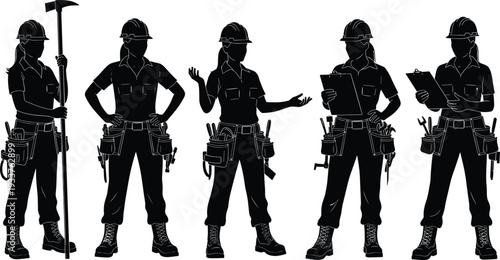 Black silhouette female construction workers set with women builders and industrial engineers wearing hard hats isolated on white background vector collection