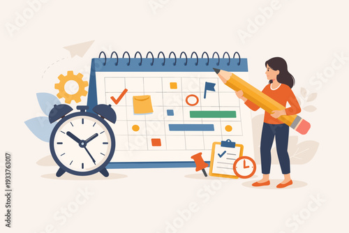 Woman Planning Work Schedule on Giant Calendar with Alarm Clock and Pencil for Project Management, Time Tracking, Appointment Scheduling, Productivity, and Organization Vector Illustration