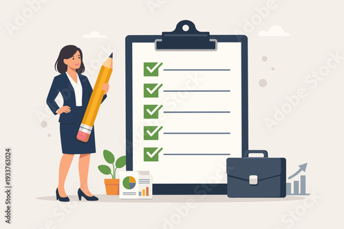 Professional businesswoman holding a giant pencil standing next to a large clipboard with a completed checklist and green checkmarks. Concept of productivity, task management, and success.
