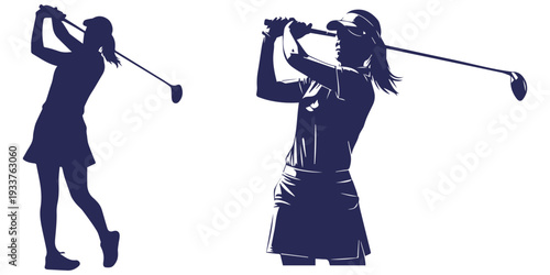 Woman golfer in full swing and putting stance, silhouette art eps 10