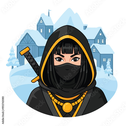 Ninja woman in black and gold costume stands in snowy village with sword on her back