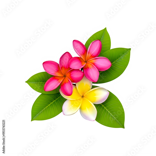 Plumeria flowers with green leaves arrangement transparent background