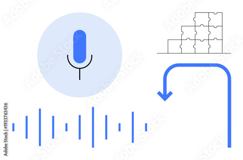 Voice recognition. microphone, sound waves, and puzzle voice recognition, communication, and solutions. Key uses technology, teamwork, education AI development research