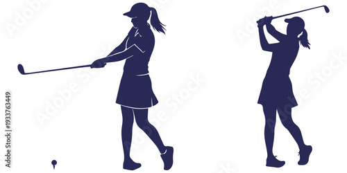Woman golfer in full swing and putting stance, silhouette art eps 10