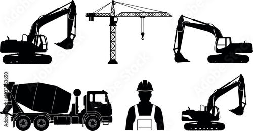 "Silhouette illustration of construction machinery and worker including excavators, tower crane, cement mixer truck, and laborer, symbolizing building industry, infrastructure, teamwork, and heavy 