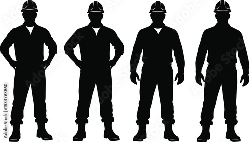 Black silhouette group of four construction workers standing in professional poses wearing hard hats and industrial work uniforms for teamwork