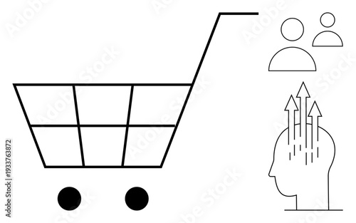 Consumer behavior. Shopping cart, user profiles, and cognitive growth ed with icons. Consumer behavior explores e-commerce trends, decision-making, and profile insights. Ideal for e-commerce