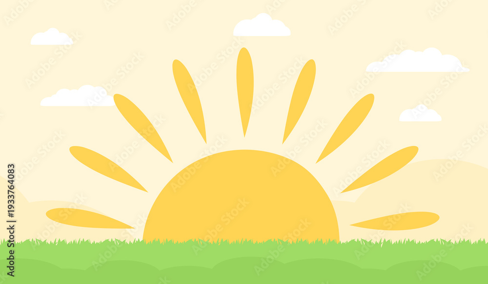 Fototapeta premium Flat illustration of sunrise with sun rays over green grass field and white clouds on yellow sky