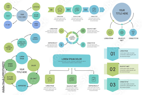 Hand drawn infographic templates - circle charts, flow charts, process diagrams, steps, options