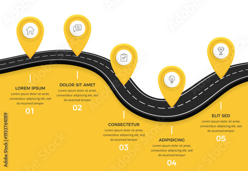 Curved road infographic template with five location pins and icons, yellow background