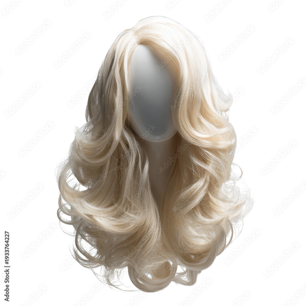 Naklejka premium Blonde wavy wig on white mannequin head black background hair