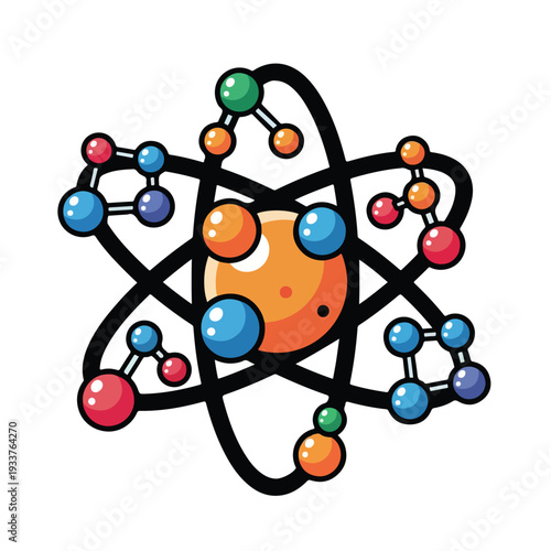 Illustration of an atom model with electrons orbiting a nucleus, showcasing molecular structure and scientific concepts