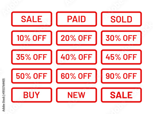 Set of text box with buy tags. Red sale stamp imprint. Sold out emblem collection. Rectangle best price stickers. New arrival label in border. Marketing retail badge. Sale product mark. Vector illustr