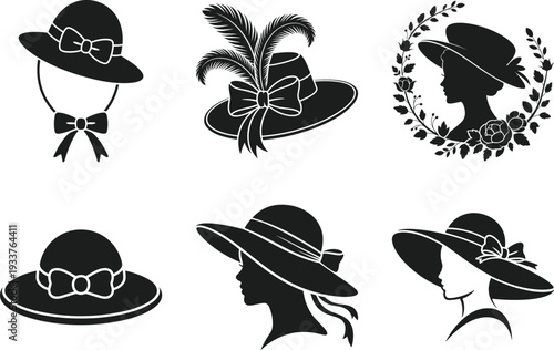 Vintage Easter Bonnet Silhouette Set with Women Hat and Floral Wreath