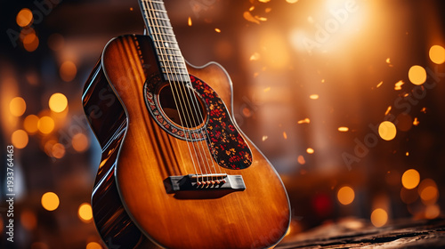 Classical guitar close up, dramatically lit on a black background with copy space