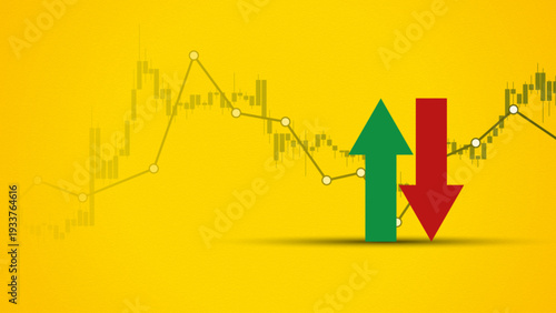 Stock market volatility graph with descending arrow and ascending arrow. Business analytics or trading visualization on a yellow background