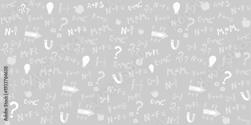 Higher education and studying online concept. Physics. Icons and formulas set. School test or lab. Hand drawn doodle symbols.  Magnetism, Mechanics. Science Light background. Physics formula 