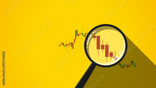 Flat illustration of technical analysis with a magnifying glass on a yellow background. Stock market correction concept. Bankrupt financial information. Descending trading graph