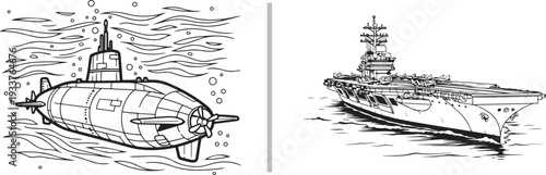 Detailed line-art vector set featuring a submarine submerged underwater with bubbles on the left and a large, modern aircraft carrier sailing on open water on the right.