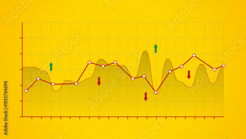 Stock market volatility graph, global market information, and downtrend or uptrend bar chart. Business analytics or trading visualization on a yellow background