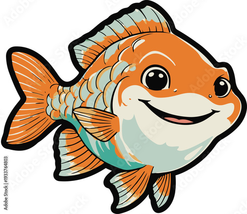  Cute orange fish smiling, flat aquatic colors, bold outline sticker