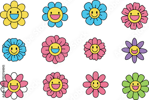 Vibrant cartoon flowers with smiling faces arranged in a grid pattern on a clean white background viewed from directly above