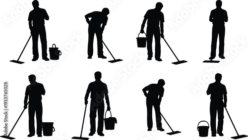 Collection of eight cleaning worker silhouettes in various poses, isolated on white background, depicting janitorial tasks, housekeeping activities, 