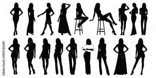 Flat vector illustration of diverse women silhouettes in fashion poses, stylish outfits, standing and sitting, modern design reference