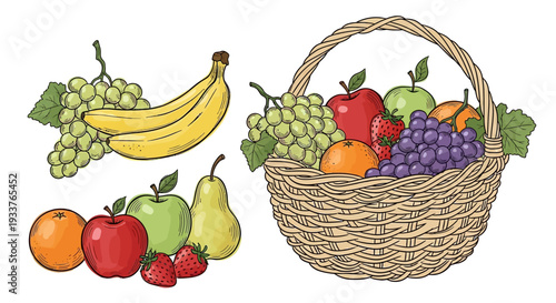 Assorted fresh fruits in a wicker basket and loose.