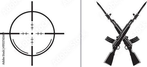 A black and white vector set featuring a precision crosshair targeting reticle on the left and a symmetric emblem of two crossed assault rifles with bayonets on the right.