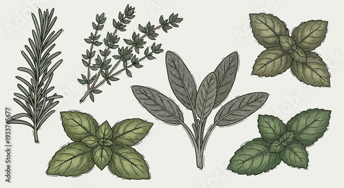 Assorted herbs including rosemary, thyme, and basil leaves.