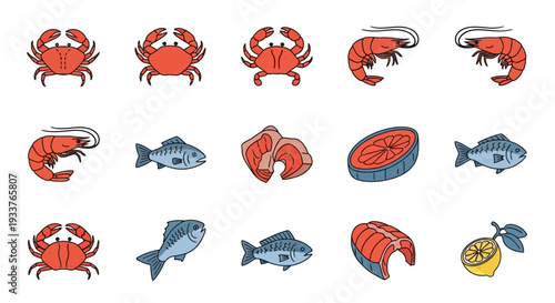 Assorted seafood icons including crabs, shrimps, fish, and prawns in various styles.