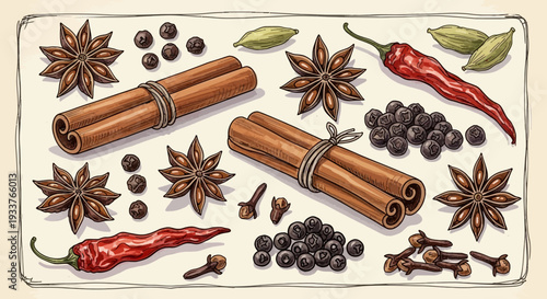 Assorted spices and seasonings including cinnamon sticks, star anise, black peppercorns, cloves, and red chili peppers.
