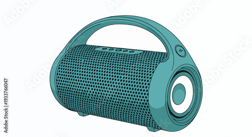 Portable teal wireless speaker with built in handle and rich stereo sound for music playback.