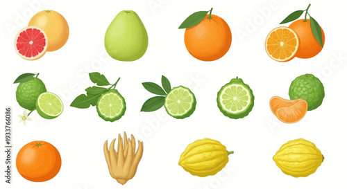 Collection of illustrated citrus fruits including grapefruit pomelo orange lime and citron varieties
