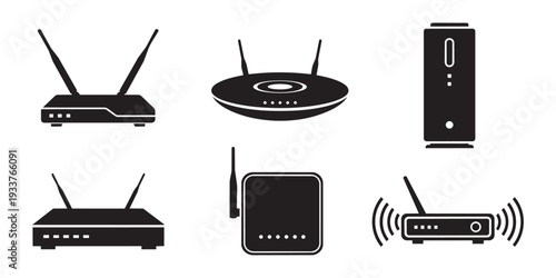 Collection of wireless internet router icons and computer server silhouettes