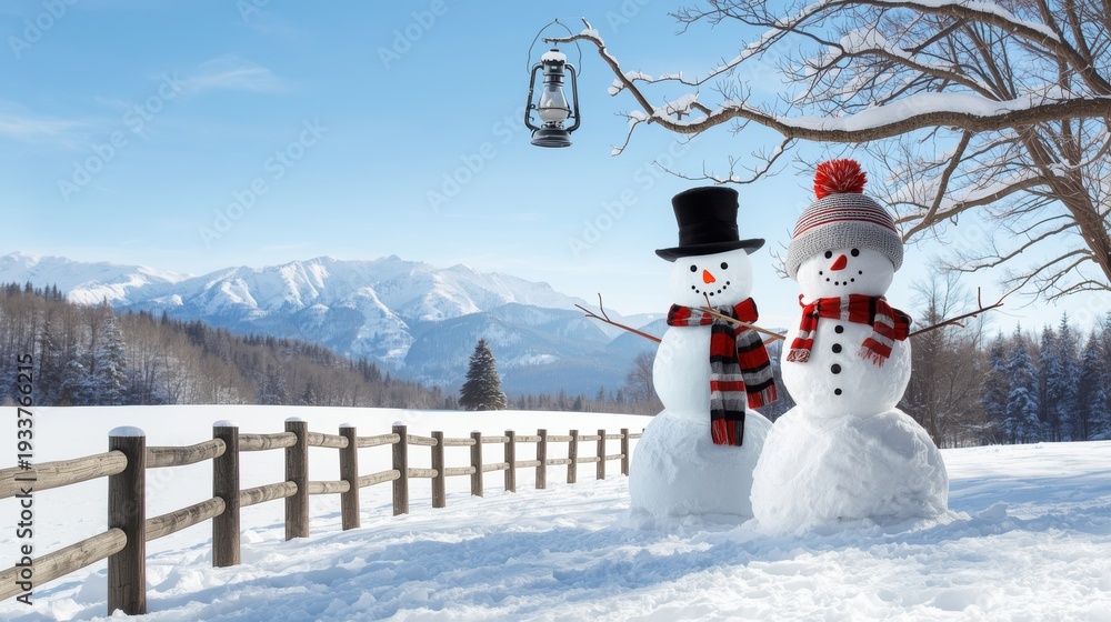 Obraz premium Two snowmen with top hats and scarves standing next to a wooden fence in a snowy landscape