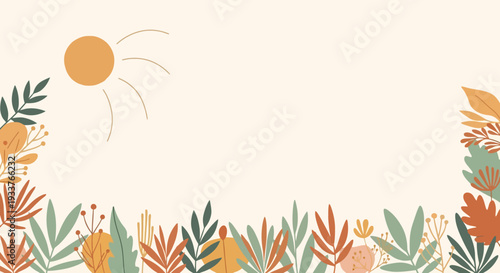 Colorful floral border with sun and leaves in autumnal hues.