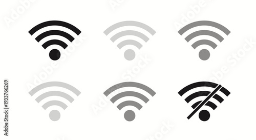 Set of wireless wifi signal icons in varying shades and sizes.