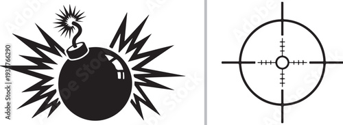 Black and white vector art featuring a classic round bomb with a lit fuse amidst an explosion burst, paired with a clean sniper scope crosshair targeting reticle.
